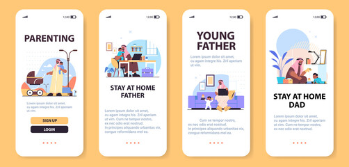 set black muslim arabic father spending time with little baby son fatherhood parenting concept smartphone screens collection horizontal full length copy space vector illustration