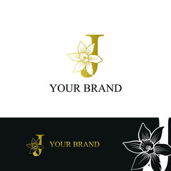 Golden Luxury Initial letter J with March Daffodils narcissus flower for cosmetic, Jewelry, boutique, hotel logo concept vector