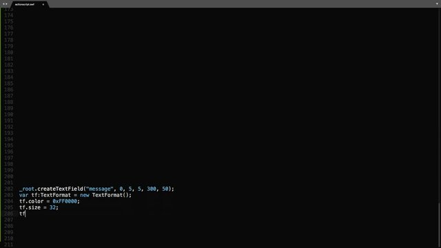 ActionScript Programming Language Source Code Typing Effect. ActionScript Programmer Ticker Colored Commands Editor Screen. Network Development Technology Education. Black Background. 