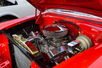 Under the Hood View of Restored Vintage Automobile Engine with Show-Chrome Air Filter