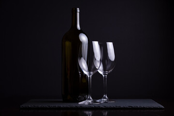 Red wine and two glasses for a romantic date night