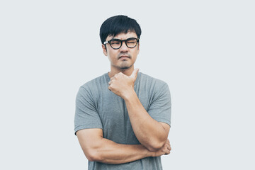 Fototapeta premium adult asian man.young male person wear eye glasses.posing smiling laughing look excited surprised thinking positive happy.empty,copy space for text advertising.white background.attractive fashion
