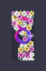 elegant eight number womens day 8 march holiday celebration banner flyer or greeting card with flowers vertical vector illustration