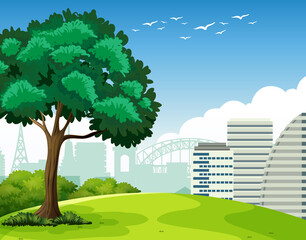 Park outdoor scene with a tree and many building in background