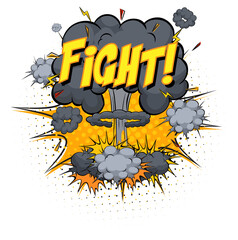 FIGHT text on comic cloud explosion isolated on white background