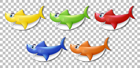 Fototapeta premium Set of many smiling cute shark cartoon character isolated on transparent background