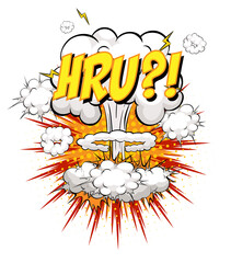 HRU text on comic cloud explosion isolated on white background