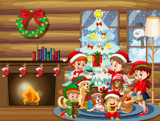 Christmas indoor scene with many children and cute dogs