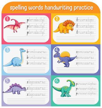 Set of spelling words dinosaur handwriting practice worksheet