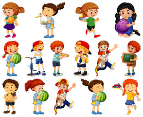 Children doing different activities cartoon character set on white background