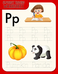 Alphabet tracing worksheet with letter P and p