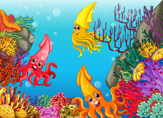 Many different squids cartoon character in the underwater background