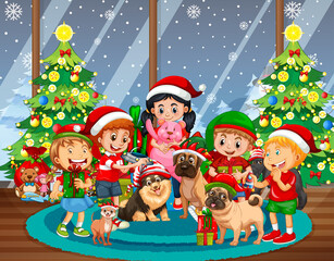 Christmas indoor scene with many children and cute dogs