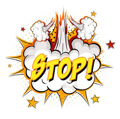 STOP text on comic cloud explosion isolated on white background