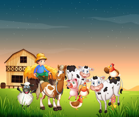 Farm scene with animal farm and blank sky