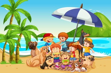 Obraz na płótnie Canvas Beach outdoor scene with many children and their pet