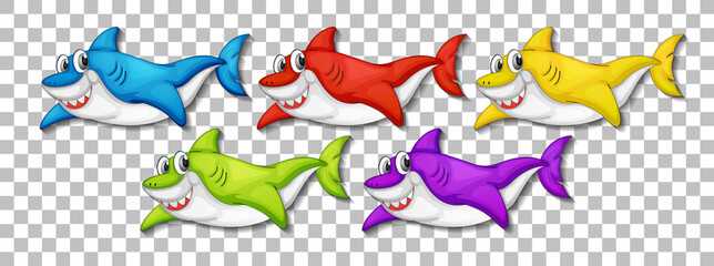 Set of many smiling cute shark cartoon character isolated on transparent background