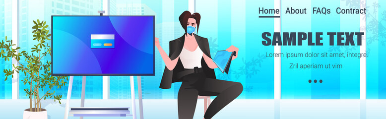 businesswoman wearing protective mask to prevent coronavirus successful business woman using tablet pc covid-19 pandemic concept portrait horizontal copy space vector illustration