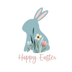 easter bunny. blue silhouette of a rabbit with spring flowers. festive color illustration. 