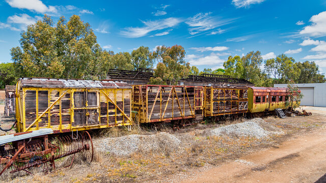 Old train passenger and cargo carriages at the Northam Railway Station Museum.