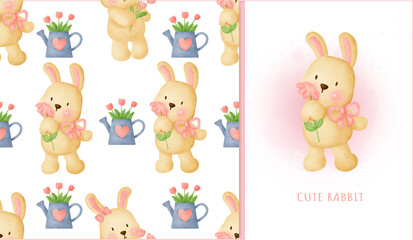  seamless pattern sweet rabbit and greeting card in water color iillustration.
