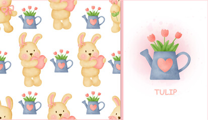 Cute rabbit greeting card set in water color .