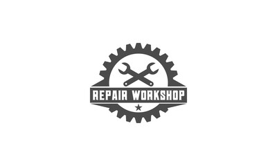 logo for motorized vehicle workshop with engine illustration