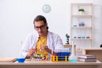 Young male chemist studying molecular model in the classroom