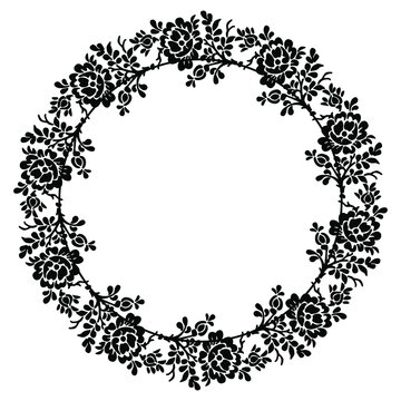Round floral wreath or frame with silhouetted branches of roses. Vintage style. Black silhouette on white background.