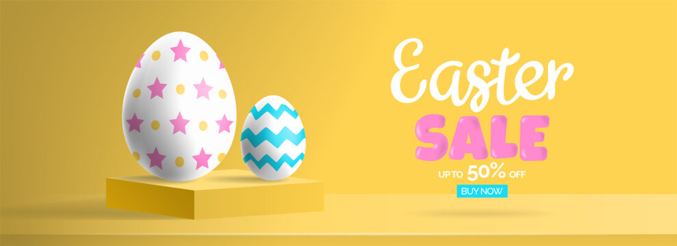 Easter sale web banner design with 3d eggs on podium, yellow background, trendy vector illustration.