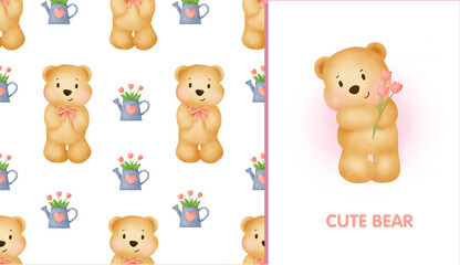 Cute cartoon teddy bear seamless pattern watercolor hand draw and greeting card for baby shower card.