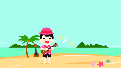 Musician playing ukulele on beautiful peaceful beach