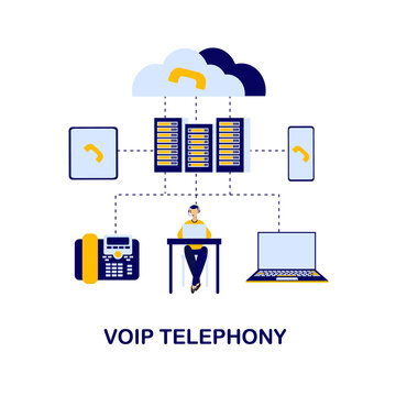 VOIP Telephony System Diagram. Flat Illustration. The Main Elements Of VOIP Telephony Are Server, Operator, IP Phone, Laptop, Cloud Storage. VOIP Technology Infographics.