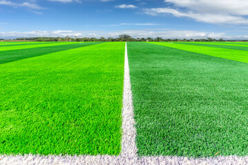 Football pitch and a cloudy sky. Green field.