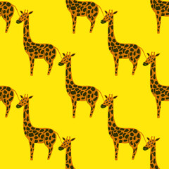 Bright seamless pattern with orange and black colored giraffe ornament. Yellow background.