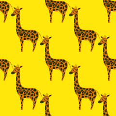 Bright seamless pattern with orange and black colored giraffe ornament. Yellow background.