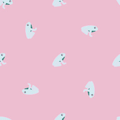 Minimalistic seamless pattern with hand drawn light blue frog ornament. Pink pastel background.