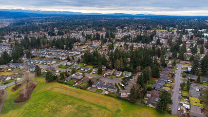 Aerial view of residential neighborhood with nearby park