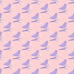 Pastel purple cute bird ornament seamless doodle pattern. Pink background. Animal flying print.