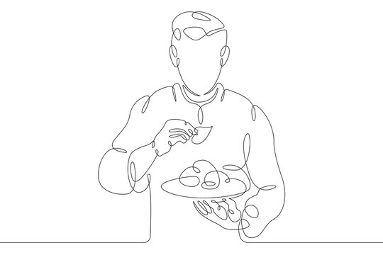 recommend clip art: The cook holds in his hand a plate with a ready made delicacy dish. Decorate the dish with lettuce leaves. One continuous drawing line  logo single hand drawn art doodle isolated minimal illustration.
