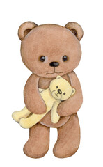 Cute baby teddy bear. Watercolor hand drawn art, illustration, icon, card, poster for children. Isolated on white background.