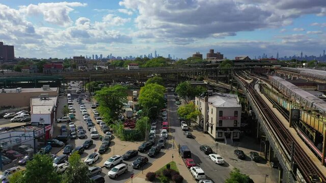 Aerial View of Elevated Subway Trains Near Broadway Junction