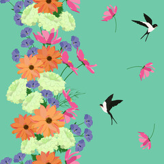 Seamless vector illustration with pink kosmea, chrysanthemums, flax and swallow in a turquoise background.