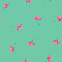 Seamless vector illustration with flowers of kosmea on turquoise background.