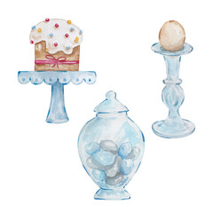 Watercolor set hand-painted Easter cake on a stand
