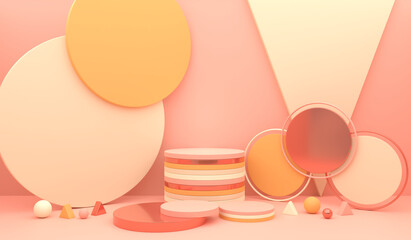 Luxury peach podium surrounded by ring circle and geometric accent, isolated on peach background, can be used for product display, background, showcase, cosmetic display, advertising. 3D Render.