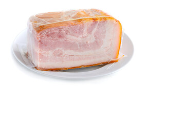 Smoked pork belly, bacon, ham. White isolated background.