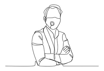 A business man wearing protective face mask to prevent virus infection. Continuous one line drawing