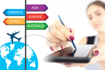 Buying air tickets online. Smartphone as a symbol of online shopping. Girl buys plane air tickets. She uses an app to buy air tickets. Sale of travel packages on Internet. Tourist application.