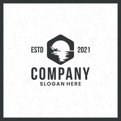 sunset logo, landscape, with hexagon concept